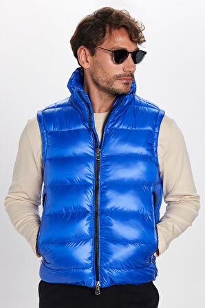 Erkek Standart Fit Dik Yaka Cepli Fermuarlı Saks Mavi Şişme Yelek