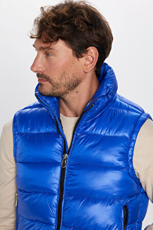 Erkek Standart Fit Dik Yaka Cepli Fermuarlı Saks Mavi Şişme Yelek