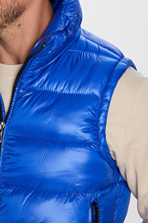 Erkek Standart Fit Dik Yaka Cepli Fermuarlı Saks Mavi Şişme Yelek