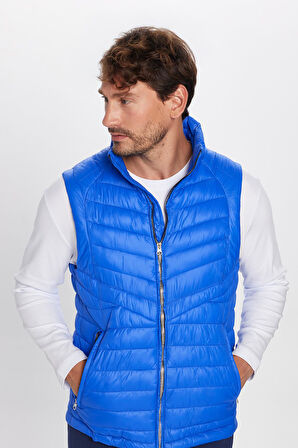 Erkek Standart Fit Dik Yaka Cepli Fermuarlı Saks Mavi Şişme Yelek