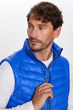 Erkek Standart Fit Dik Yaka Cepli Fermuarlı Saks Mavi Şişme Yelek