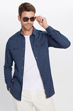 Erkek Slim Fit Dar Kesim Çift Cepli Denim Kot Lacivert Gömlek