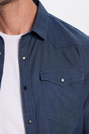 Erkek Slim Fit Dar Kesim Çift Cepli Denim Kot Lacivert Gömlek