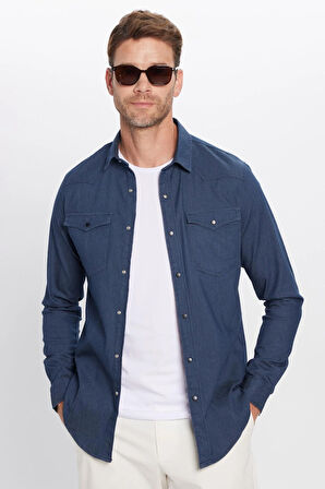 Erkek Slim Fit Dar Kesim Çift Cepli Denim Kot Lacivert Gömlek