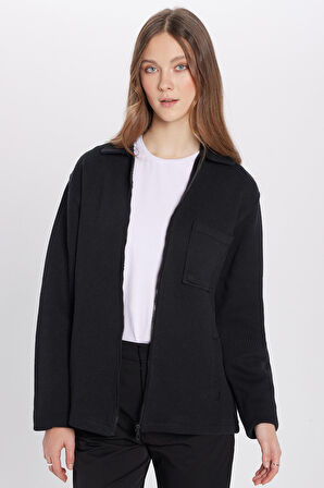 Unisex Relax Fit Rahat Kesim Örme Fermuarlı Çift Cepli Kışlık Siyah Kapüşonlu Yaka Gömlek