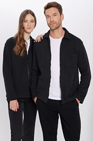 Unisex Relax Fit Rahat Kesim Örme Fermuarlı Çift Cepli Kışlık Siyah Kapüşonlu Yaka Gömlek