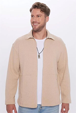 Unisex Relax Fit Rahat Kesim Örme Fermuarlı Çift Cepli Bej Kışlık Gömlek