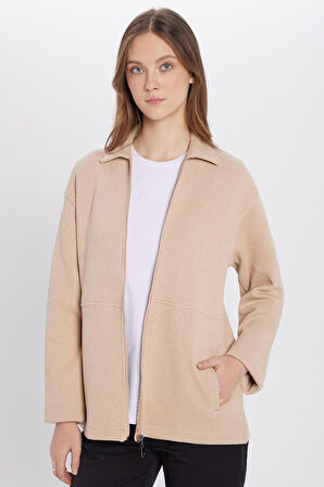 Unisex Relax Fit Rahat Kesim Örme Fermuarlı Çift Cepli Bej Kışlık Gömlek