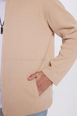 Unisex Relax Fit Rahat Kesim Örme Fermuarlı Çift Cepli Bej Kışlık Gömlek