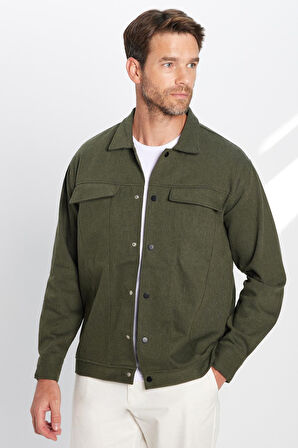 Erkek Relax Fit Rahat Kesim Oduncu Apaş Yaka Çift Cepli Kapaklı Düz Haki Kışlık Gömlek