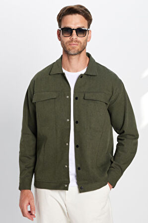 Erkek Relax Fit Rahat Kesim Oduncu Apaş Yaka Çift Cepli Kapaklı Düz Haki Kışlık Gömlek