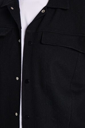 Erkek Relax Fit Rahat Kesim Oduncu Apaş Yaka Çift Cep Kapaklı Düz Siyah Kışlık Gömlek