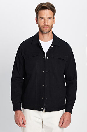 Erkek Relax Fit Rahat Kesim Oduncu Apaş Yaka Çift Cep Kapaklı Düz Siyah Kışlık Gömlek