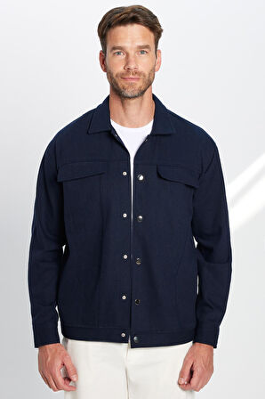 Erkek Relax Fit Rahat Kesim Oduncu Çift Cepli Kapaklı Lacivert Apaş Yaka Düz Kışlık Gömlek