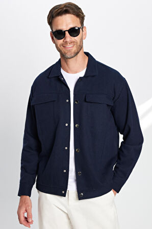 Erkek Relax Fit Rahat Kesim Oduncu Çift Cepli Kapaklı Lacivert Apaş Yaka Düz Kışlık Gömlek