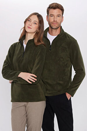 Unisex Standart Fit Rahat Kesim Tüylenme Yapmayan Soğuk Geçirmez Koyu Haki Dik Yaka Polar Sweatshirt