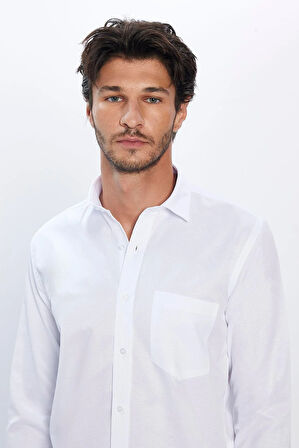 Erkek Regular Fit Klasik Kesim Pamuklu Tek Cepli Armürlü Beyaz Gömlek