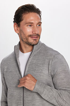 Erkek Slim Fit Dar Kesim Gri Dik Yaka Fermuarlı Düz Hırka