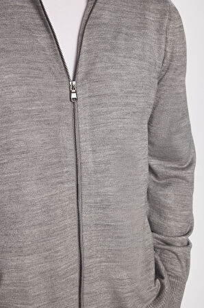 Erkek Slim Fit Dar Kesim Gri Dik Yaka Fermuarlı Düz Hırka