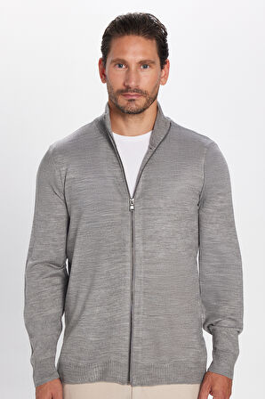 Erkek Slim Fit Dar Kesim Gri Dik Yaka Fermuarlı Düz Hırka
