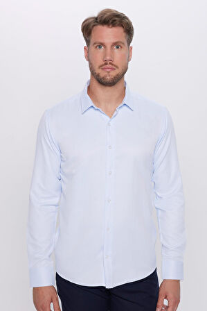 Erkek Modern Fit Dar Kesim Pamuklu Kolay Ütü Armürlü Mavi Gömlek