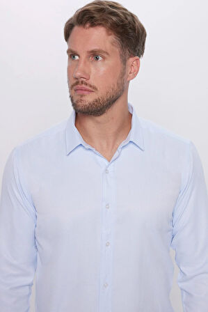 Erkek Modern Fit Dar Kesim Pamuklu Kolay Ütü Armürlü Mavi Gömlek