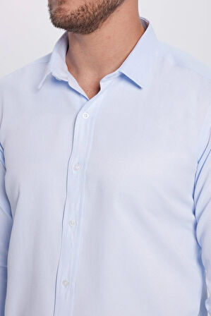 Erkek Modern Fit Dar Kesim Pamuklu Kolay Ütü Armürlü Mavi Gömlek