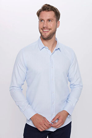 Erkek Modern Fit Dar Kesim Pamuklu Kolay Ütü Armürlü Mavi Gömlek