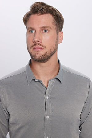 Erkek Modern Fit Dar Kesim Pamuklu Kolay Ütü Armürlü Gri Gömlek
