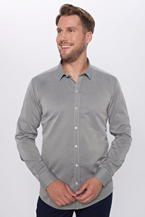 Erkek Modern Fit Dar Kesim Pamuklu Kolay Ütü Armürlü Gri Gömlek