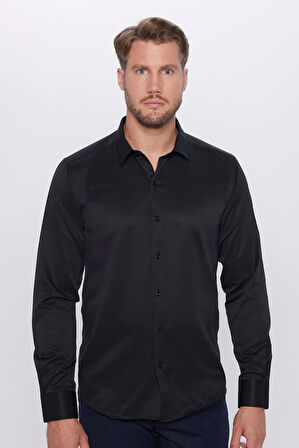 Erkek Modern Fit Dar Kesim Pamuklu Kolay Ütü Armürlü Siyah Gömlek