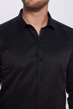 Erkek Modern Fit Dar Kesim Pamuklu Kolay Ütü Armürlü Siyah Gömlek