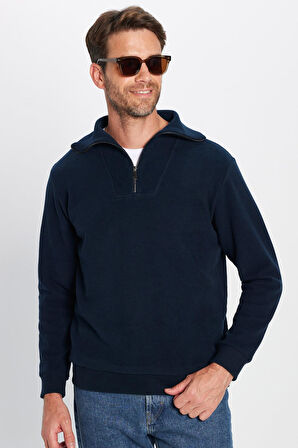 Unisex Relax Fit Rahat Kesim Fitilli Desenli Pamuklu Yarım Fermuarlı İndigo Dik Yaka Sweatshirt