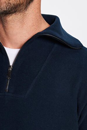 Unisex Relax Fit Rahat Kesim Fitilli Desenli Pamuklu Yarım Fermuarlı İndigo Dik Yaka Sweatshirt