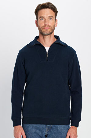 Unisex Relax Fit Rahat Kesim Fitilli Desenli Pamuklu Yarım Fermuarlı İndigo Dik Yaka Sweatshirt