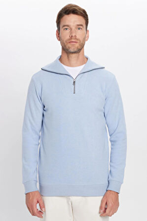 Unisex Relax Fit Rahat Kesim Fitilli Desenli Pamuklu Yarım Fermuarlı Mavi Dik Yaka Sweatshirt