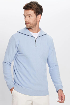 Unisex Relax Fit Rahat Kesim Fitilli Desenli Pamuklu Yarım Fermuarlı Mavi Dik Yaka Sweatshirt