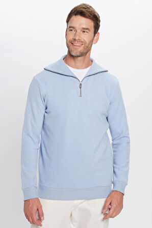 Unisex Relax Fit Rahat Kesim Fitilli Desenli Pamuklu Yarım Fermuarlı Mavi Dik Yaka Sweatshirt