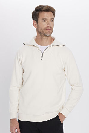 Unisex Relax Fit Rahat Kesim Fitilli Desenli Pamuklu Yarım Fermuarlı Ekru Dik Yaka Sweatshirt
