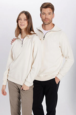 Unisex Relax Fit Rahat Kesim Fitilli Desenli Pamuklu Yarım Fermuarlı Ekru Dik Yaka Sweatshirt