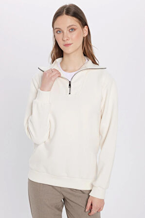 Unisex Relax Fit Rahat Kesim Fitilli Desenli Pamuklu Yarım Fermuarlı Ekru Dik Yaka Sweatshirt