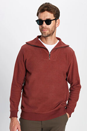 Unisex Relax Fit Rahat Kesim Desenli Pamuklu Yarım Fermuarlı Kiremit Renk Dik Yaka Sweatshirt