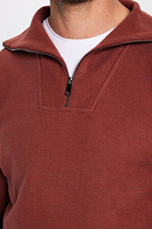 Unisex Relax Fit Rahat Kesim Desenli Pamuklu Yarım Fermuarlı Kiremit Renk Dik Yaka Sweatshirt