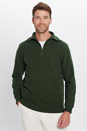 Unisex Relax Fit Rahat Kesim Fitilli Desenli Pamuklu Yarım Fermuarlı Yeşil Dik Yaka Sweatshirt