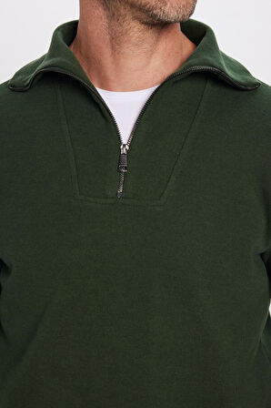 Unisex Relax Fit Rahat Kesim Fitilli Desenli Pamuklu Yarım Fermuarlı Yeşil Dik Yaka Sweatshirt
