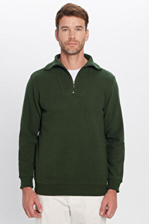 Unisex Relax Fit Rahat Kesim Fitilli Desenli Pamuklu Yarım Fermuarlı Yeşil Dik Yaka Sweatshirt