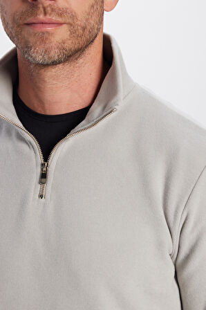 Unisex Relax Fit Rahat Kesim Pamuklu Yarım Fermuarlı Gri Dik Yaka Sweatshirt