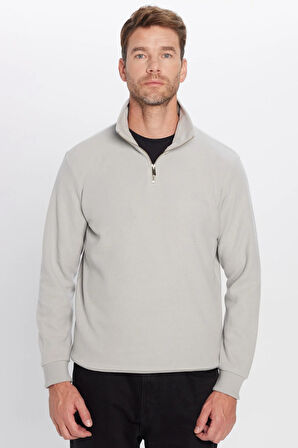 Unisex Relax Fit Rahat Kesim Pamuklu Yarım Fermuarlı Gri Dik Yaka Sweatshirt