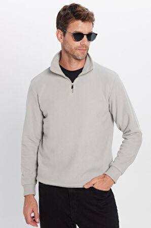 Unisex Relax Fit Rahat Kesim Pamuklu Yarım Fermuarlı Gri Dik Yaka Sweatshirt