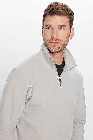 Unisex Relax Fit Rahat Kesim Pamuklu Yarım Fermuarlı Gri Dik Yaka Sweatshirt